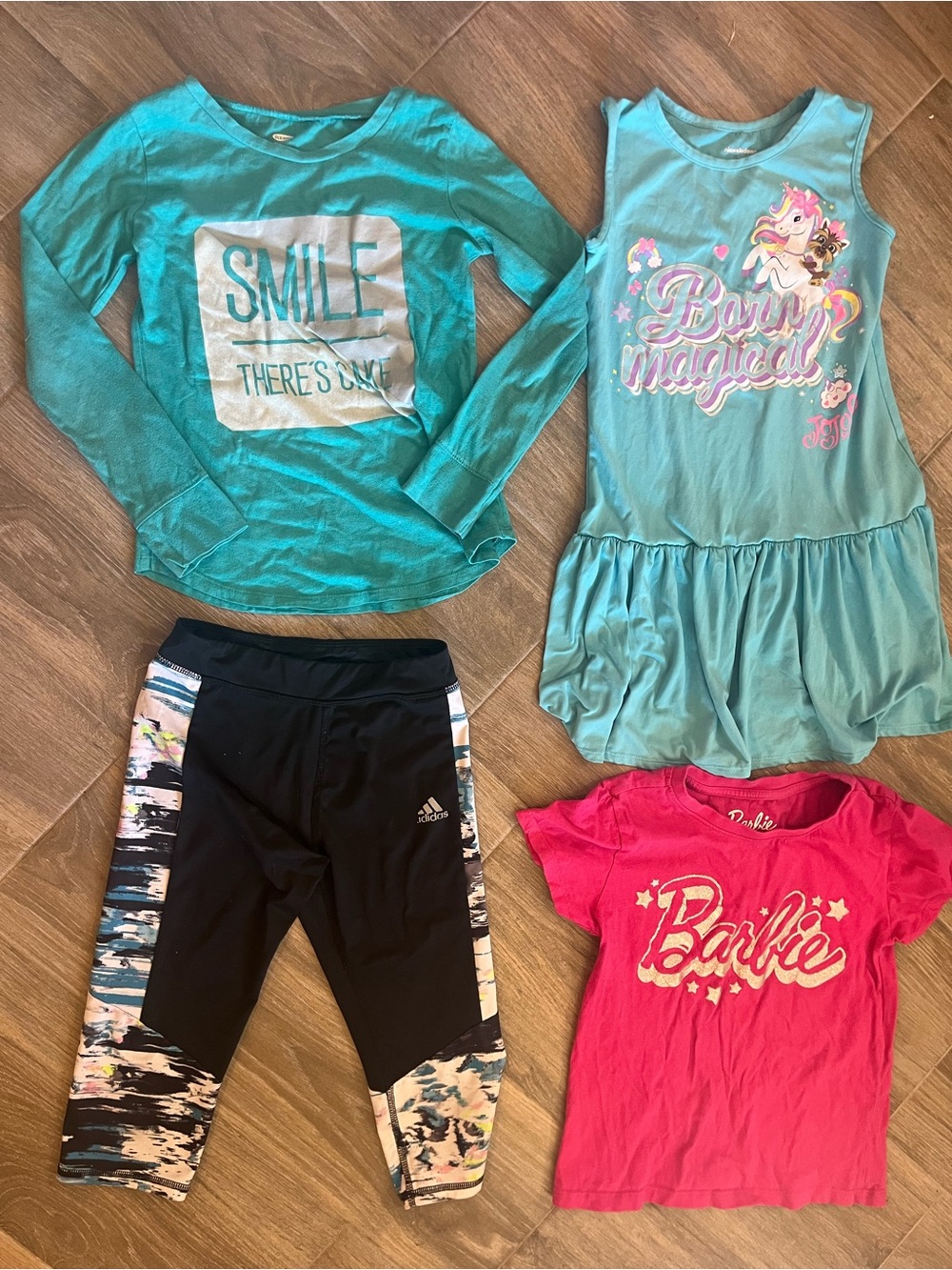 Girls' Teal Bottoms, Unicorn dress, teal Smile Shirt & Pink Barbie short sleeve